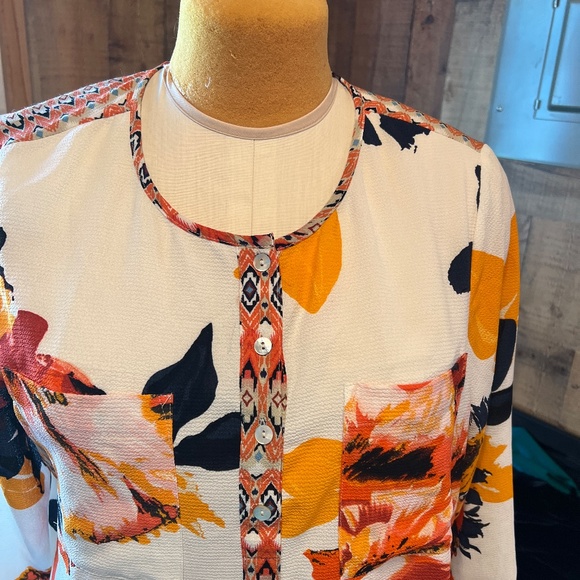 WOMEN'S LADIES SIZE LARGE LONG SHIRT BLOUSE TUNIC TOP CREAM ORANGE BLACK PRINT - Picture 4 of 6